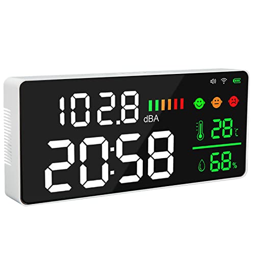 Dezibel Messgerät Wand, 30‑130dB Messgerät 11 Zoll LED Schallpegelmesser mit Temperatur und Feuchtigkeitsuhr Wecker, 2,4G WIFI Tuya App Dezibelmesser von SEAFRONT