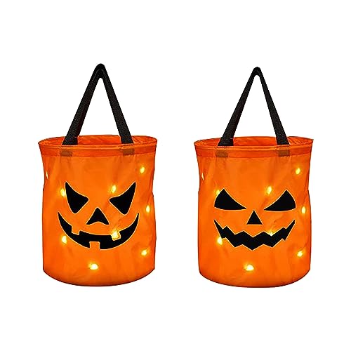 SEAFRONT 2 Stück Halloween Geschenktüten, LED Kürbis Süßigkeitstüten Batteriebetriebene Halloween Körbe, Wiederverwendbare Leuchtende Halloween Goodie Taschen für Kinder Halloween Party von SEAFRONT