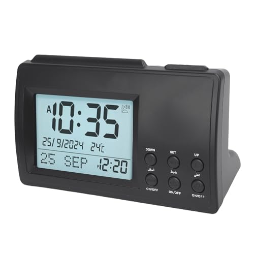SEAFRONT Gebetsuhr Kleine Schwarze LCD -Display -Schreibtischuhr mit Mehreren Alarmtageslicht -Sparzeitanpassungstemperaturanzeige für Heimstudie und Büro von SEAFRONT