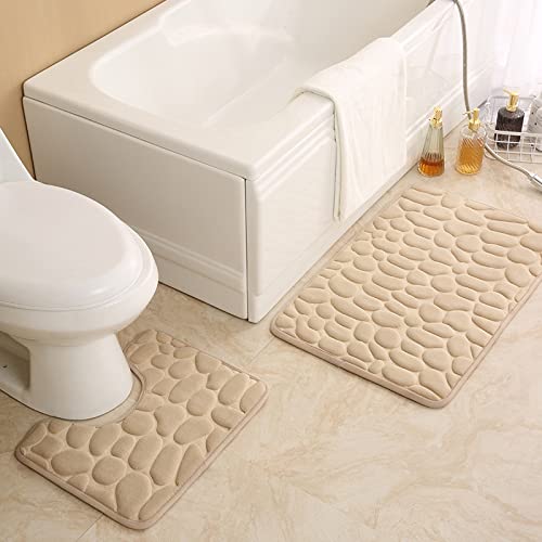 Rutschfeste 50 x 80 CM Badematte und 50 x 40 CM WC Vorleger 2 Teilig Badezimmerteppich Set Weiche Badvorleger mit Kopfsteinpflaster Muster Waschbare Badteppiche für Badezimmer ( Beige) von SeaHome