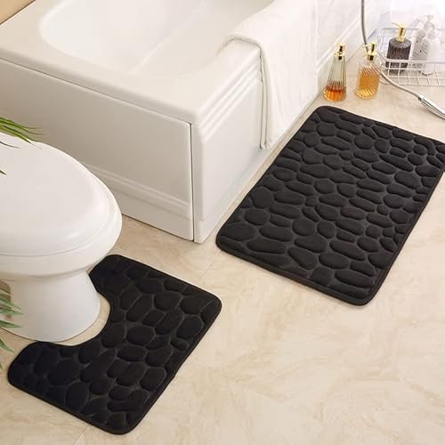 Rutschfeste 50 x 80 CM Badematte und 50 x 40 CM WC Vorleger 2 Teilig Badezimmerteppich Set Weiche Badvorleger mit Kopfsteinpflaster Muster Waschbare Badteppiche für Badezimmer ( Schwarz) von SeaHome