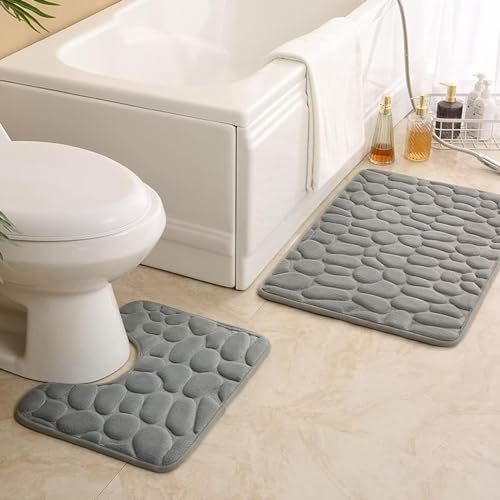 Rutschfeste 50 x 80 CM Badematte und 50 x 40 CM WC Vorleger 2 Teilig Badezimmerteppich Set Weiche Badvorleger mit Kopfsteinpflaster Muster Waschbare Badteppiche für Badezimmer (Grau) von SeaHome