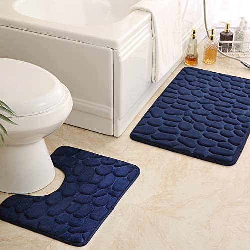 rutschfeste 50 x 80 cm Badematte und 50 x 40 cm WC Vorleger 2 Teilig Badezimmerteppich Set Weiche Badvorleger mit Kopfsteinpflaster Muster Waschbare Badteppiche für Badezimmer ( Blau) von SeaHome