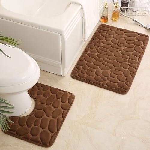 rutschfeste 50 x 80 cm Badematte und 50 x 40 cm WC Vorleger 2 Teilig Badezimmerteppich Set Weiche Badvorleger mit Kopfsteinpflaster Muster Waschbare Badteppiche für Badezimmer (Braun) von SeaHome