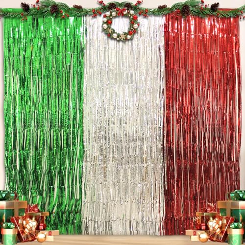 3 x 2 x 1 m Weihnachts-Lametta-Folienvorhang, schimmernd, silberfarben, grün, rote Fransen, Requisiten für Hochzeit, Geburtstag, Weihnachten, Party, Türdekoration von SEAHUI