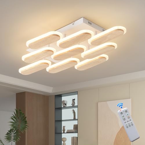 LED Deckenlamape Holz Dimmbar, Weiß 9-Flammig Kreative Wohnzimmerlampe, 50W 71cm 5000lm mit Fernbedienung Farbtemperatur 3000-6000K, Helligkeit 10-100%, 6W Nachtlicht, Memory-Funktion von SEATAIN