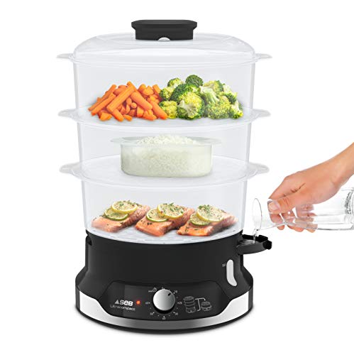 Seb Ultracompact Dampfgarer, Gesundes Garen, 9 l, 800 W, 3 stapelbare Schüsseln, Reis- und Müslischale, 60 Minuten Timer, automatische Abschaltung, sichtbarer Wasserstand, leicht zu verstauen VC204800 von SEB