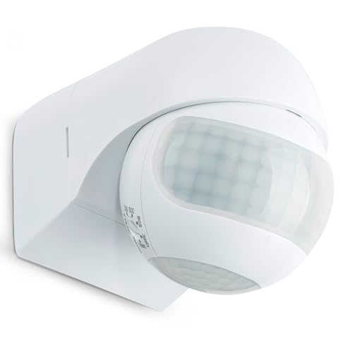 SEBSON Bewegungsmelder Aussen IP44 Aufputz - LED geeignet, programmierbar, schwenkbar - Reichweite 12m/180°, 3m/360° (2 Infrarot Sensoren), 3 Draht von SEBSON