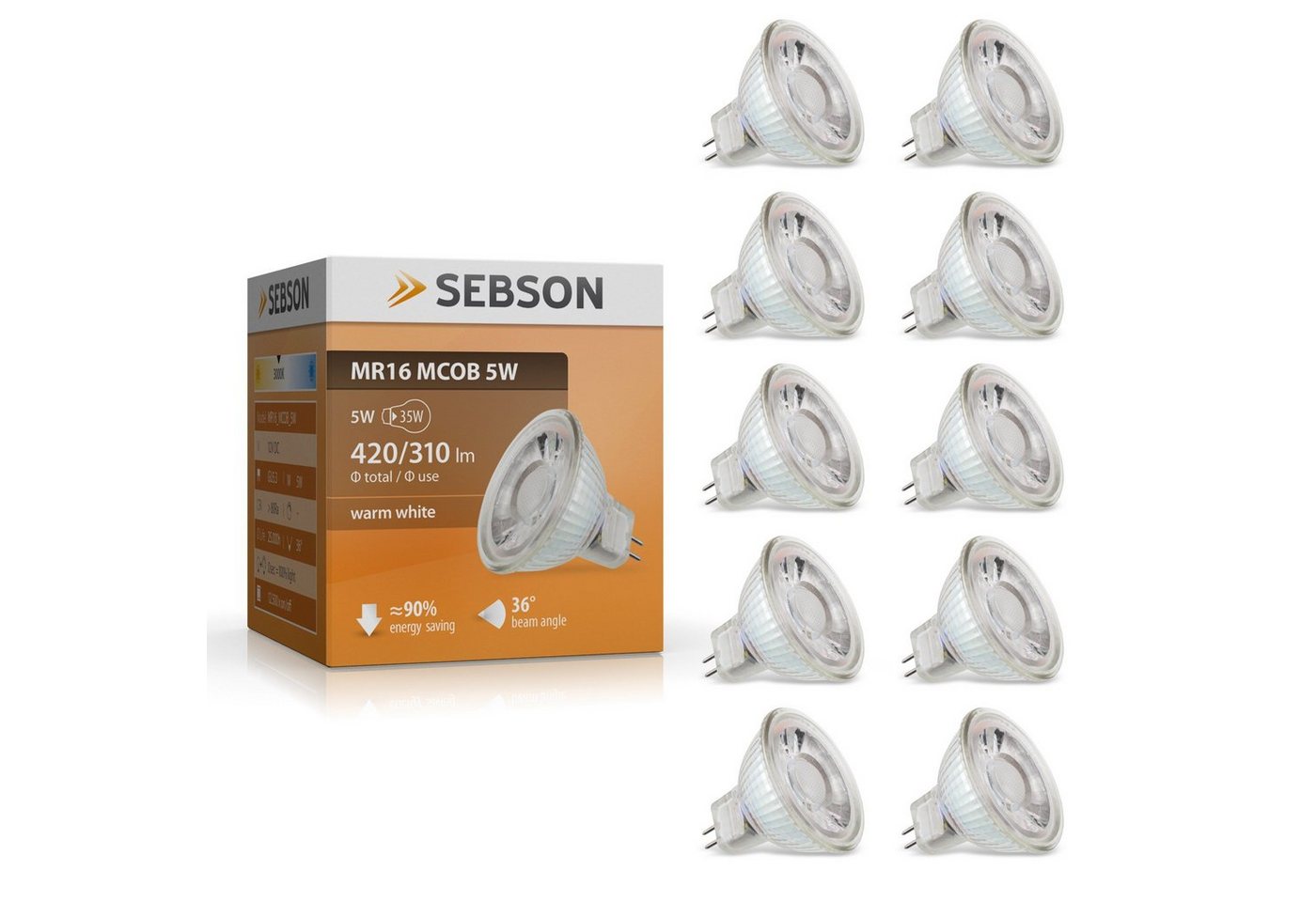 SEBSON LED-Leuchtmittel LED Lampe GU5.3/ MR16 warmweiss 5W Leuchtmittel Spot 12V- 10er Pack von SEBSON
