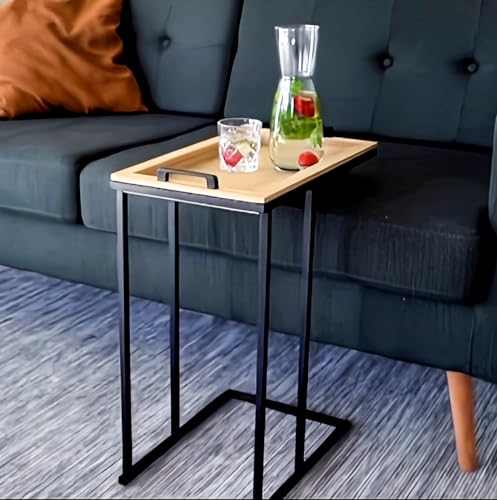 SECASA Beistelltisch mit abnehmbarem Tablett | Couchtisch Metall - Holz | Beistelltisch C-Form für Couch | Tabletttisch schwarz Vintage | Side Table Modern | Sofatisch für Wohnzimmer (Natur) von SECASA