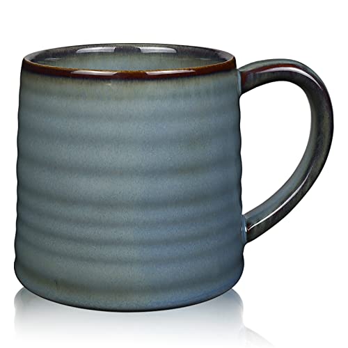 SECELES 500ml große Keramik Kaffeetassen Becher, handgemachte Keramik große Teetasse für Büro und Zuhause, großer Griff, mikrowellen spülmaschinenfest, Wellen Texturglasur (Nebel blau) von SECELES