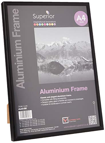 SECO A4-Bilderrahmen aus gebürstetem Aluminium mit Plexiglas-Sicherheitsglas, magnetisch, perfekt für zu Hause/Büro, 18 mm Rahmenkante, schwarz von SECO