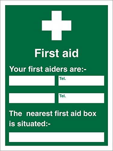 Seco Schild mit Aufschrift "First Aid - Your First Aiders Are/The Nearest First Aid Box Is situation", 450 mm x 600 mm, 1 mm halbstarrer Kunststoff von Stewart Superior