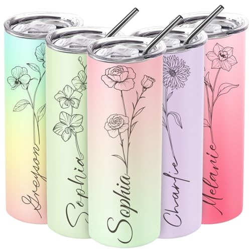 SECOGM Thermobecher Personalisiert mit Bild-Personalisierter Kaffeebecher mit Strohhalm und Deckel (20oz-Geburtstag Blume) von SECOGM