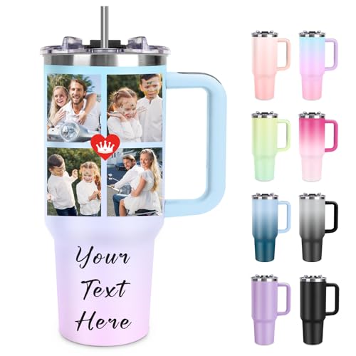 SECOGM Thermobecher Personalisiert mit Bild-Personalisierter Kaffeebecher mit Strohhalm und Deckel (4-Fotos) von SECOGM