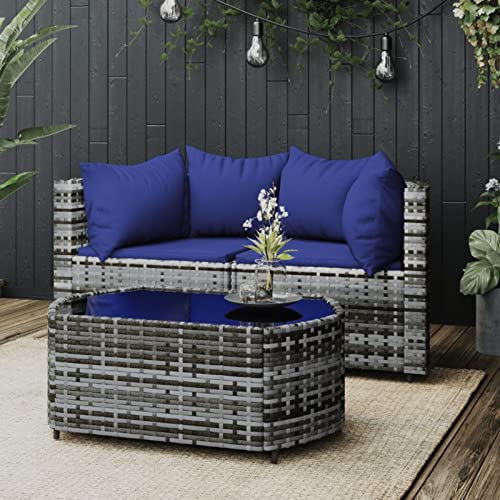 SECOLI Gartensofa Rattan Balkonmöbel Kleiner Balkon Garten Lounge Gartenmöbel Set Rattan Balkonsofa Loungemöbel Terrasse Terrassenmöbel-Grau und Blau-3-tlg von SECOLI