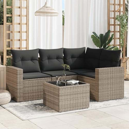 SECOLI Rattan Gartenlounge Set mit Stauraum Lounge möbel Outdoor Balkonlounge Set Rattan Gartenlounge Set Gartensofa Outdoor Loungemöbel Terrasse mit Kissen-Grau-5-tlg-2 von SECOLI
