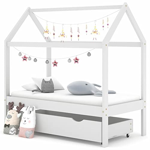 SECOLI hausbett 70x140 Kinderbett mit Schublade stauraumbett 70x140 für Jungen & Mädchen Kinder Haus Bett aus Kiefer Holz Jugendbett Massivholz-Weiß-70 x 140 cm von SECOLI