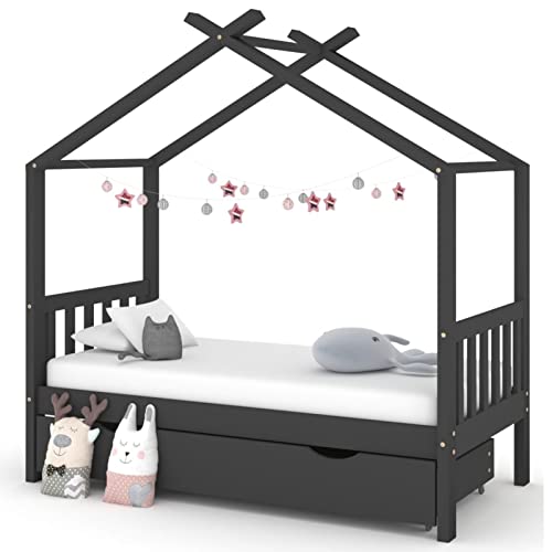 SECOLI hausbett 80x160 Kinderbett mit Schublade stauraumbett 70x140 für Jungen & Mädchen Kinder Haus Bett aus Kiefer Holz Jugendbett Massivholz-Dunkelgrau-2-80 x 160 cm von SECOLI