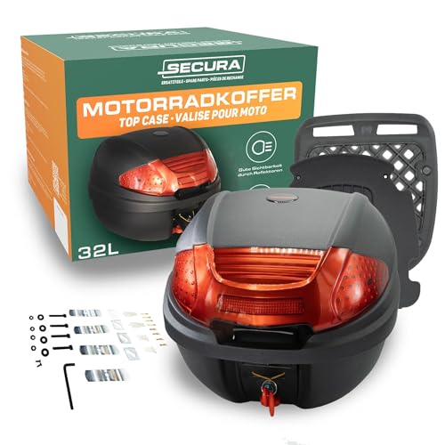 SECURA Motorradkoffer Topcase schwarz 32 L abschließbar mit Rücklicht und Halterung | Topcase für Motorrad Quad Zubehör Koffer hinten | Top Case Gepäckträger Koffer Motorrad Box von SECURA