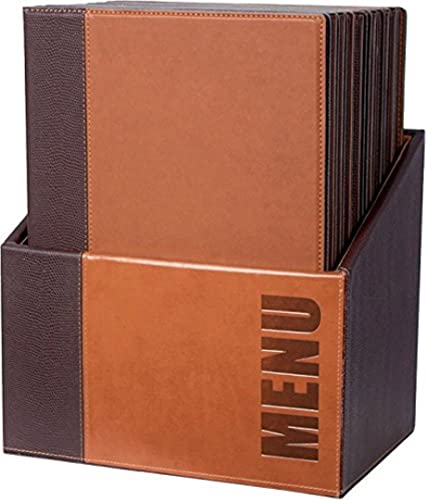 SECURIT - 20 Speisekarten Trendy Line + Sammelbox - 1 fester, doppelseitiger Einleger = 4 DIN A4-Seiten - Möglichkeit zum Hinzufügen Einleger - Für Bars, Restaurants - PU-Kunstleder - Braun von SECURIT