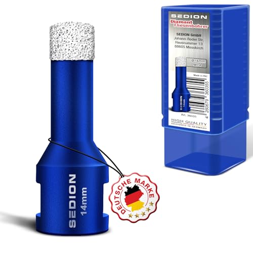SEDION ® Fliesenbohrer 14mm x M14 - Bohrkrone zum Bohren von harte Fliesen - Diamantbohrer 14 mm - Sedion Premium Qualität hochwertige Diamanten - kompatibel mit Bosch Makita uvm Winkelschleifer Flex von SEDION