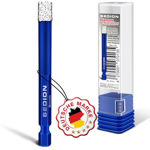 SEDION ® Fliesenbohrer 8mm Sechskant E 6.3 - Bohrer zum Bohren von harte Fliesen - Diamantbohrer 8 mm - Sedion Premium Qualität hochwertige Diamanten - kompatibel mit Bosch Makita u.v.m. Bohrmaschinen von SEDION