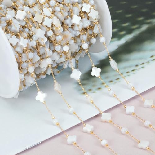 1 Meter Naturstein-Muschelperlenkette Edelstahl-Perlenkette für DIY-Halsketten-Armbänder Schmuckherstellung Zubehörzubehör-Weiße Blume von SEDRGH