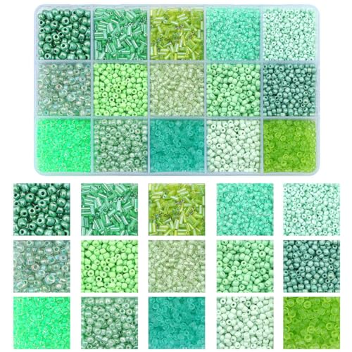 15-Raster-Glasreis- und Röhrenperlen-Set – 12-farbige lose Perlen für selbstgemachte Halsketten, Armbänder und Bastelanhänger (150 g/Box)-03 von SEDRGH