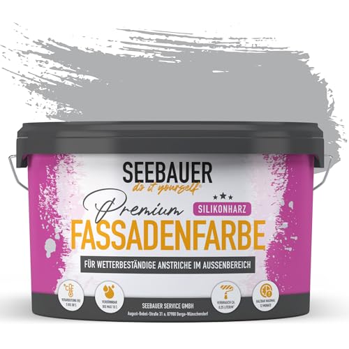 SEEBAUER diy Silikonharz-Fassadenfarbe Grau 5L für Außen (No. 220 Grey Stone) Selbstreinigende Fassadenfarbe mit Lotuseffekt - Geeignet für Putz, Mauerwerk und Beton von SEEBAUER diy
