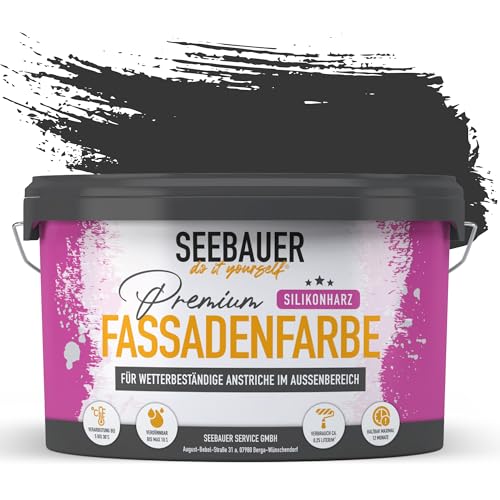SEEBAUER diy Silikonharz-Fassadenfarbe Schwarz 2,5L für Außen (No. 100 Black Pearl) Selbstreinigende Fassadenfarbe mit Lotuseffekt - Geeignet für Putz, Mauerwerk und Beton von SEEBAUER diy