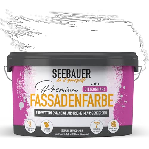 SEEBAUER diy Silikonharz-Fassadenfarbe Weiß 10L für Außen (No. 000 Weiß) Selbstreinigende Fassadenfarbe mit Lotuseffekt - Geeignet für Putz, Mauerwerk und Beton von SEEBAUER diy