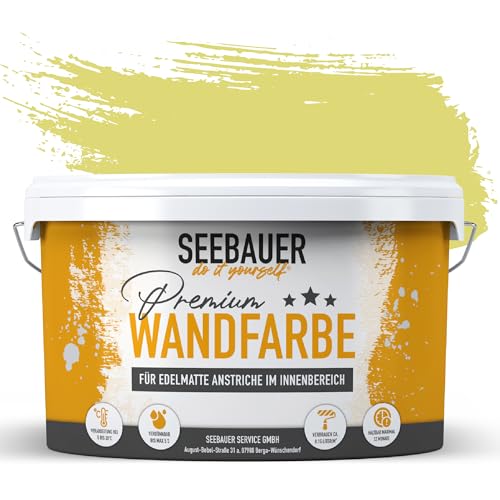 SEEBAUER diy Wandfarbe Gelb 2,5L für Innen (No. 455 Lemon Soda) Edelmatte zitronengelbe Innenfarbe - Gelbtöne sehr hohe Deckkraft - Matt, Abwaschbar und Tropffrei von SEEBAUER diy