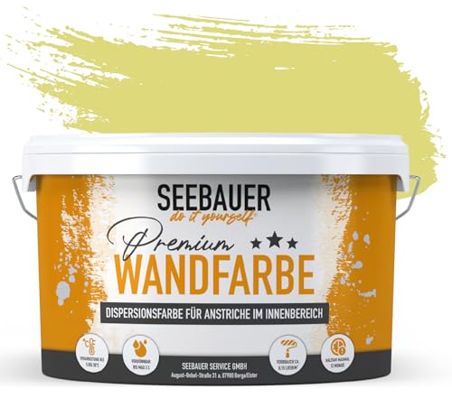 SEEBAUER diy Wandfarbe Gelb 5L für Innen (No. 455 Lemon Soda) Edelmatte zitronengelbe Innenfarbe - Gelbtöne sehr hohe Deckkraft - Matt, Abwaschbar und Tropffrei von SEEBAUER diy