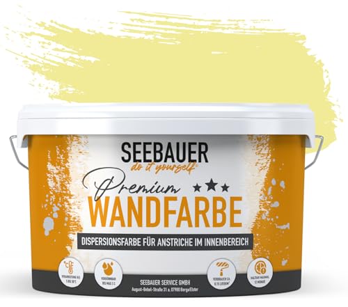 SEEBAUER diy® Wandfarbe Gelb für Innen (No. 457 Lemon Soda 5,0 Liter) Edelmatte Gelbtöne hohe Deckkraft von SEEBAUER diy