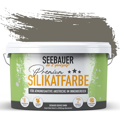SEEBAUER diy Silikatfarbe Dunkelgrau 5L für Innen (No. 200 Smooth Grey) Atmungsaktive Mineralfarbe für Allergiker - Abwaschbare Wandfarbe - Grautöne hohe Deckkraft von SEEBAUER diy