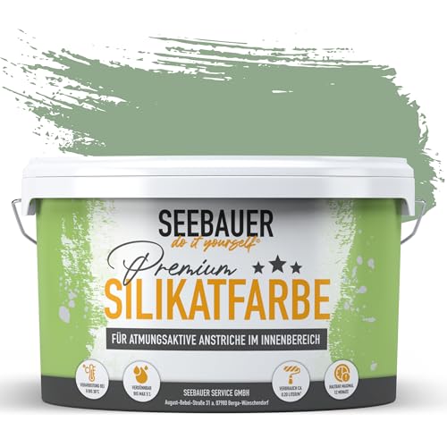 SEEBAUER diy Silikatfarbe Dunkelgrün 5L für Innen (No. 742 Sweet Kiwi) Atmungsaktive Mineralfarbe für Allergiker - Abwaschbare Wandfarbe - Grüntöne hohe Deckkraft von SEEBAUER diy