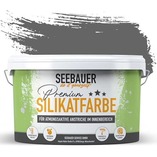 SEEBAUER diy Silikatfarbe Dunkelgrau 5L für Innen (No. 236 Graphite Grey) Atmungsaktive Mineralfarbe für Allergiker - Abwaschbare Wandfarbe - Grautöne hohe Deckkraft von SEEBAUER diy