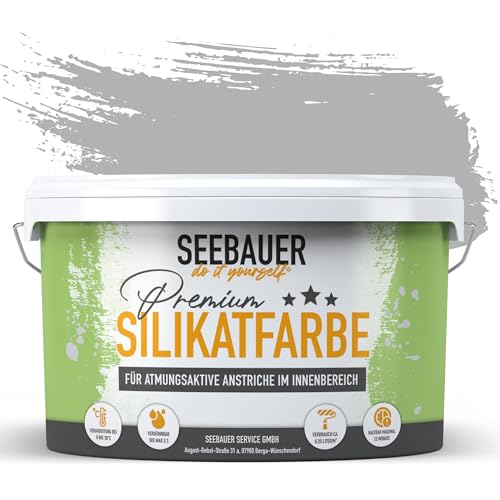 SEEBAUER diy Silikatfarbe Hellgrau 5L für Innen (No. 240 Graphite Grey) Atmungsaktive Mineralfarbe für Allergiker - Abwaschbare Wandfarbe - Grautöne hohe Deckkraft von SEEBAUER diy