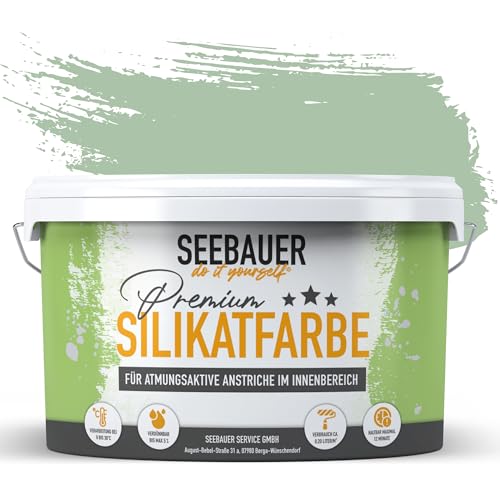 SEEBAUER diy Silikatfarbe Grün 2,5L für Innen (No. 744 Sweet Kiwi) Atmungsaktive Mineralfarbe für Allergiker - Abwaschbare Wandfarbe - Grüntöne hohe Deckkraft von SEEBAUER diy