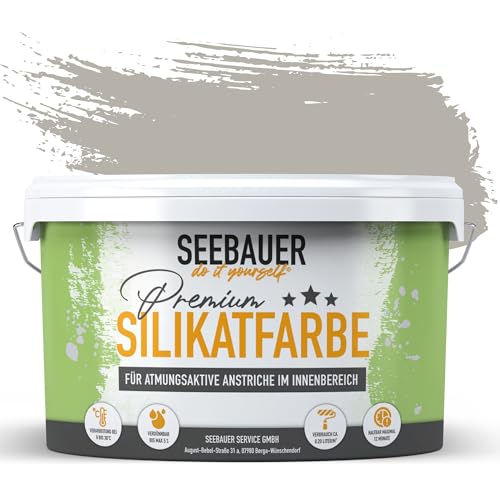 SEEBAUER diy Silikatfarbe Hellgrau 5L für Innen (No. 204 Smooth Grey) Atmungsaktive Mineralfarbe für Allergiker - Abwaschbare Wandfarbe - Grautöne hohe Deckkraft von SEEBAUER diy