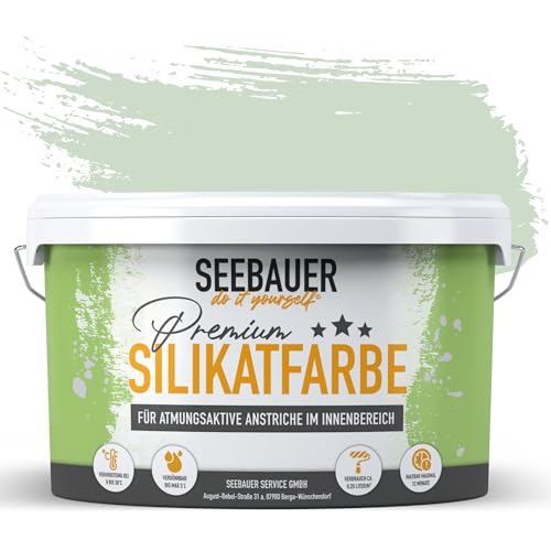 SEEBAUER diy Silikatfarbe Hellgrün 5L für Innen (No. 746 Sweet Kiwi) Atmungsaktive Mineralfarbe für Allergiker - Abwaschbare Wandfarbe - Grüntöne hohe Deckkraft von SEEBAUER diy