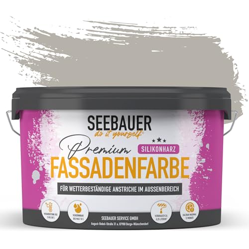 SEEBAUER diy Silikonharz-Fassadenfarbe Grau 5L für Außen (No. 204 Smooth Grey) Selbstreinigende Fassadenfarbe mit Lotuseffekt - Geeignet für Putz, Mauerwerk und Beton von SEEBAUER diy