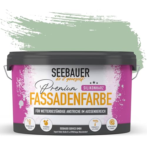 SEEBAUER diy Silikonharz-Fassadenfarbe Grün 2,5L für Außen (No. 744 Sweet Kiwi) Selbstreinigende Fassadenfarbe mit Lotuseffekt - Geeignet für Putz, Mauerwerk und Beton von SEEBAUER diy