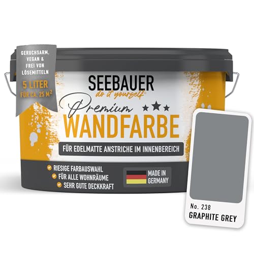 SEEBAUER diy Wandfarbe Grau 5L für Innen (No. 238 Graphite Grey) Edelmatte graue Innenfarbe - Grautöne sehr hohe Deckkraft - Matt, Abwaschbar und Tropffrei von SEEBAUER diy