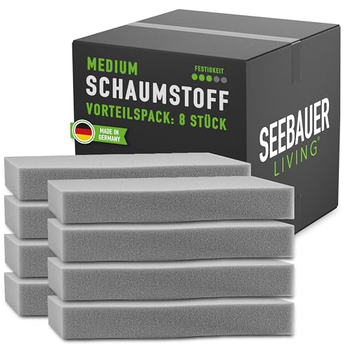 SEEBAUER living Schaumstoff-Set MEDIUM RG 35/40 (Mittelfest) 40 x 40 x 4 cm (8er Vorteilspack) Schaumstoffplatte für Polster und Sitzkissen, Polsterschaumstoff als Zuschnitt für Sitzpolster von SEEBAUER living