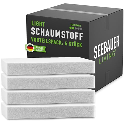 SEEBAUER living Schaumstoff-Set Light RG 26/40 (Mittelfest) 40 x 40 x 5 cm (4er Vorteilspack) Schaumstoffplatte für Polster und Sitzkissen, Polsterschaumstoff als Zuschnitt für Sitzpolster von SEEBAUER living