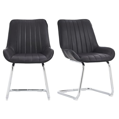 Freischwinger 2er Set, Ergonomisch Gepolstert mit PU-Bezug, Robuste Stahlbeine, rutschfest, Vertikale Ziernähte, Leicht Aufzubauen, Modernes Design (Schwarz) von SEEDWAVE