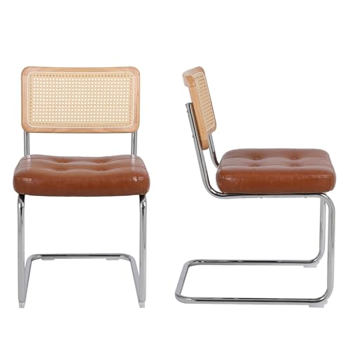 Freischwinger mit Mid-Century Modern Design, Set aus 2, Chrom Beschichtet, Gepolsterter Kunstledersitz, handgefertigte geflochtene PE Rattan von SEEDWAVE