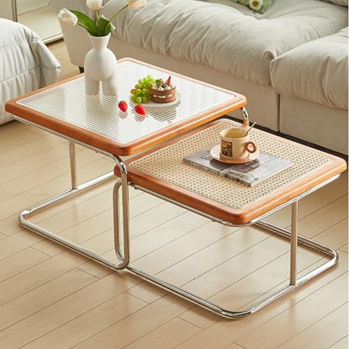 SEEDWAVE 2er-Set Couchtisch im Retro Mid-Century Stil – Satztische mit Streifen-Glas und Rattan-Tischplatte – Massivholzrahmen & Basis aus legiertem Stahl für Wohnzimmer (Kirschbraun) von SEEDWAVE